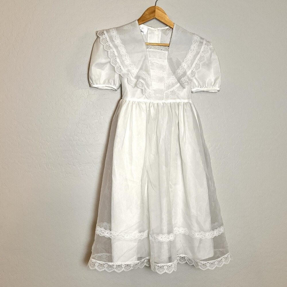 Vtg Bonnie Jean First Communion Flower Girl Dress White Lace Sheer Overlay L